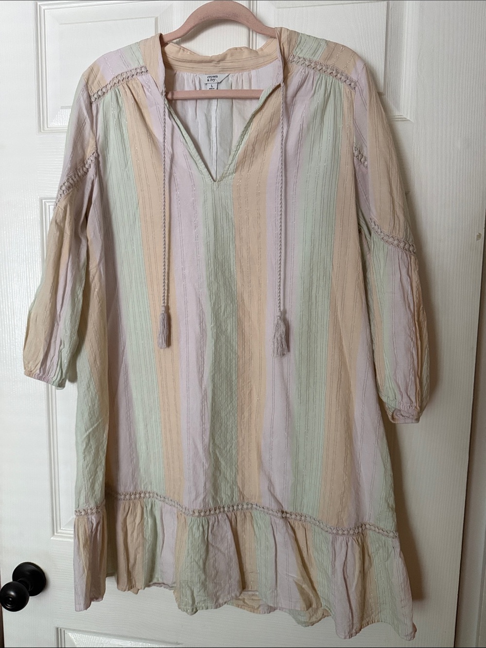 crown & ivy Pastel Striped V-Neck Tunic with Tassels